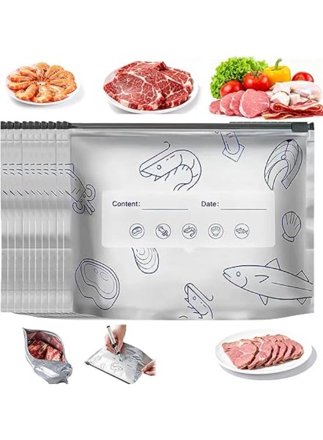 10 أكياس تخزين قابلة لإعادة الاستخدام مصنوعة من رقائق الألومنيوم، قابلة للإغلاق - أكياس تجميد، متينة، مانعة للتسرب وقابلة لإعادة الاستخدام، أكياس بسحاب مفرغ من الهواء مع ملصق وقفل بسحاب للخضراوات والفواكه واللحوم وغيرها - Image 1